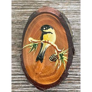 Vintage 1970s Wood Slice Brooch Hand Painted Sparrow Bird